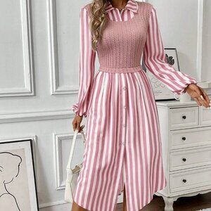 Pink Casual Women's Striped Midi Dress